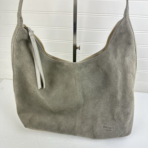 Margot New York Gabi Maxi Hobo Gray Suede Leather Shoulder Bag Top Zip Purse - Picture 2 of 16